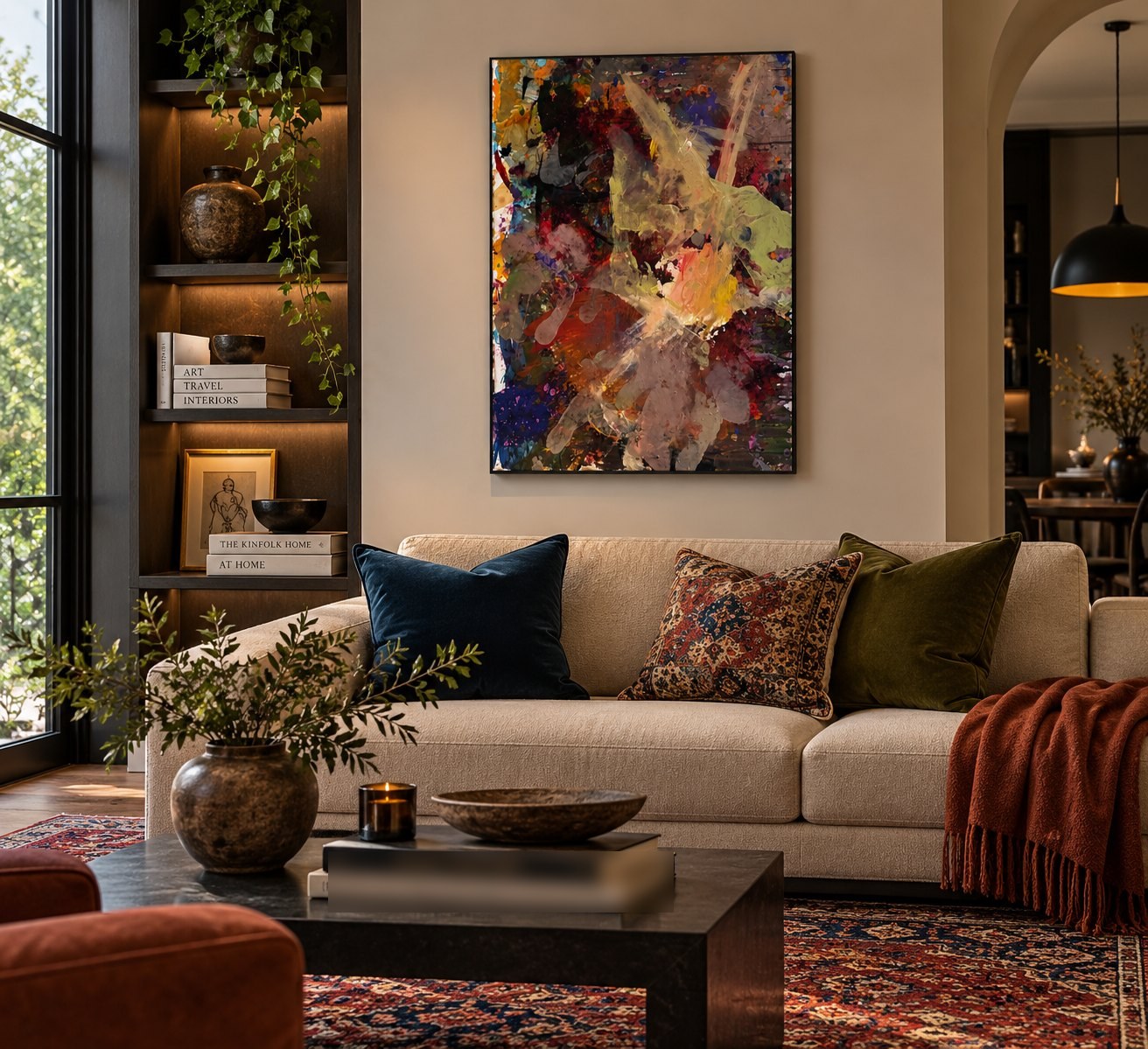 "No. F001" by Limsley, LIM-2026-001, one-of-one original abstract painting, 24 x 30 in., imagined interior visualization
