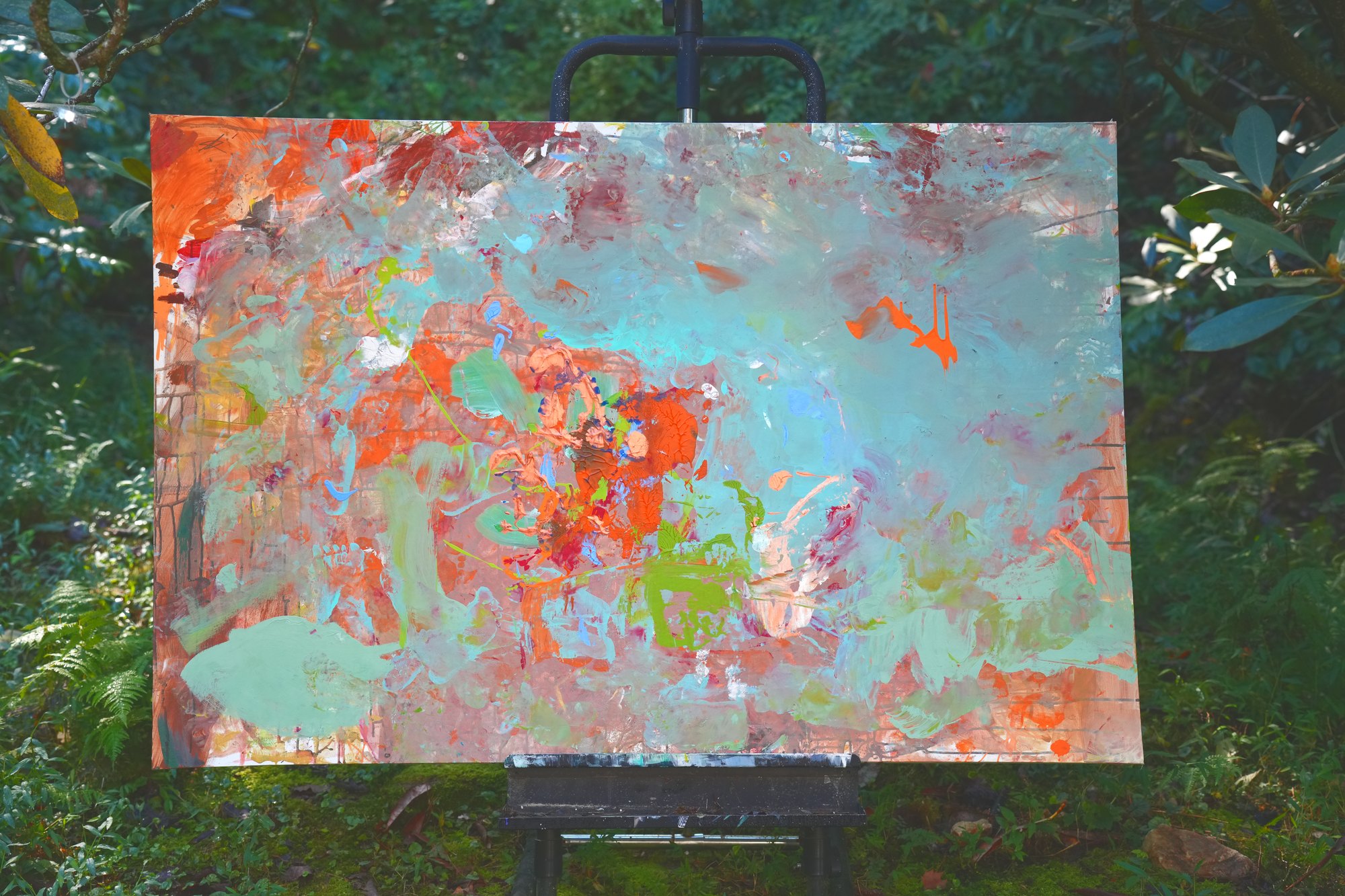 "No. L003" by LHG, LHG-2026-003, one-of-one original abstract painting, 60 x 40 in., photographed on the easel outdoors