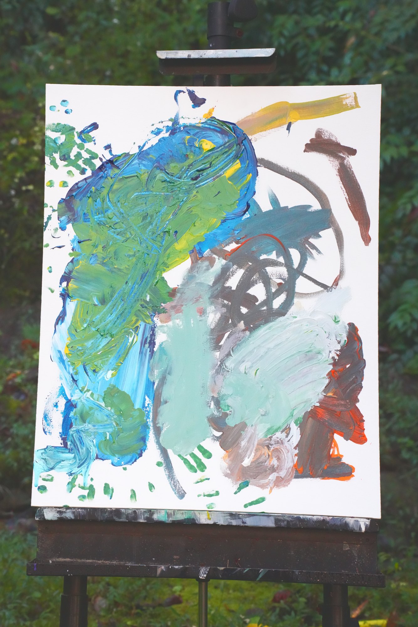"No. L004" by LHG, LHG-2026-004, one-of-one original abstract painting, 22 x 28 in., photographed on the easel outdoors