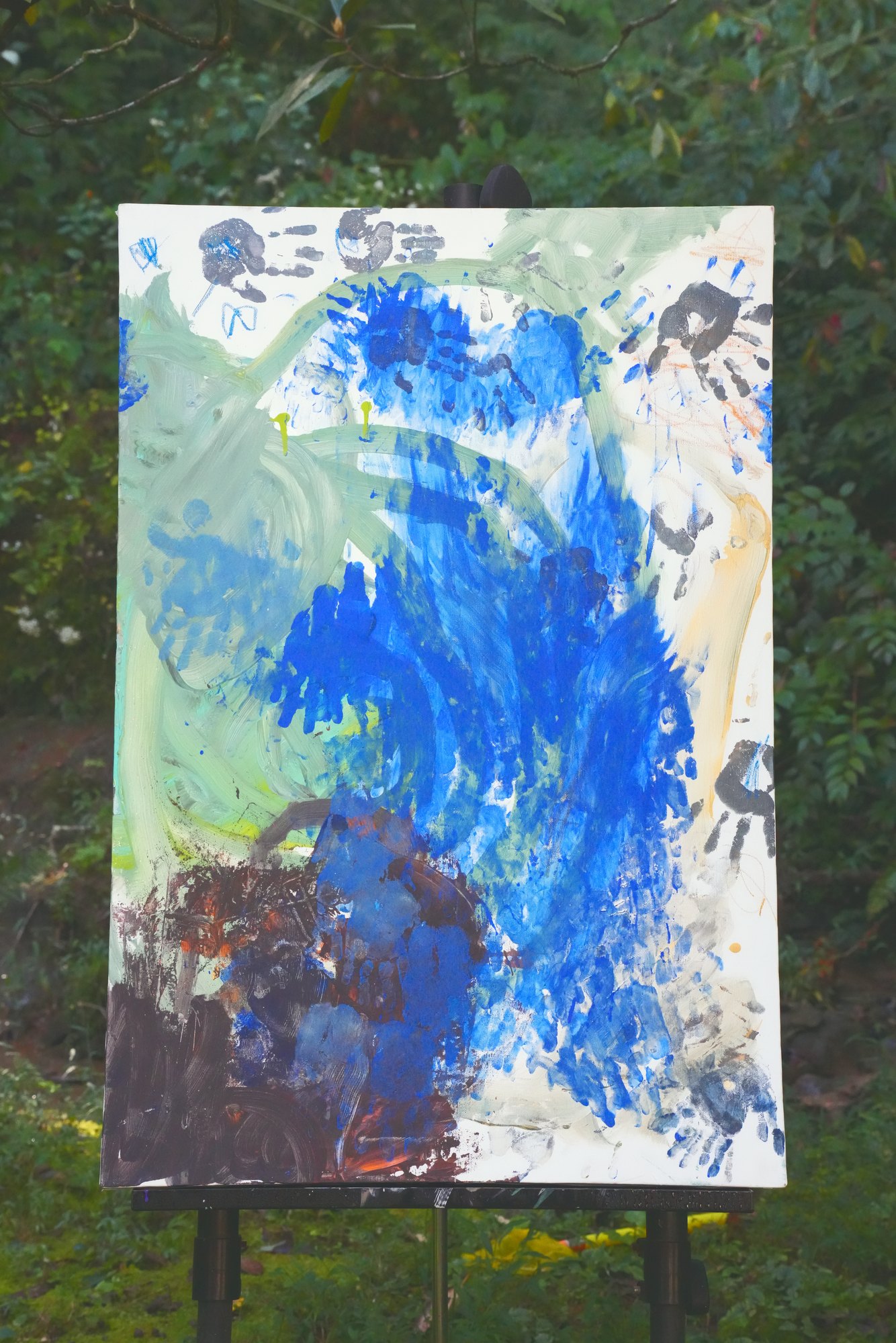 "No. L005" by LHG, LHG-2026-005, one-of-one original abstract painting, 24 x 36 in., photographed on the easel outdoors