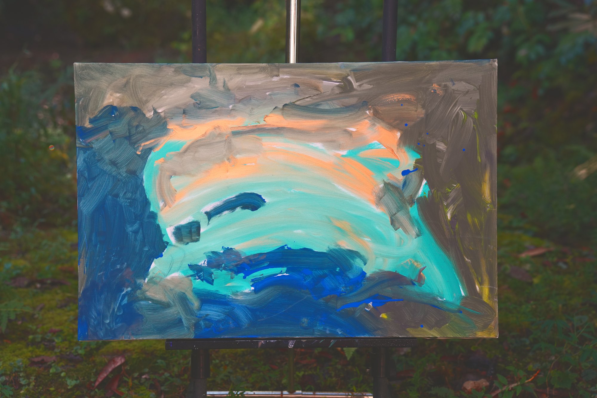 "No. L006" by LHG, LHG-2026-006, one-of-one original abstract painting, 36 x 24 in., photographed on the easel outdoors